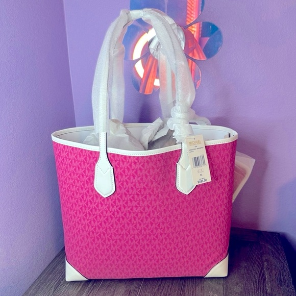 Michael Kors Eva Large Signature Logo Stripe Tote Bag W/ Pouch  NWT  Pink - Picture 6 of 7